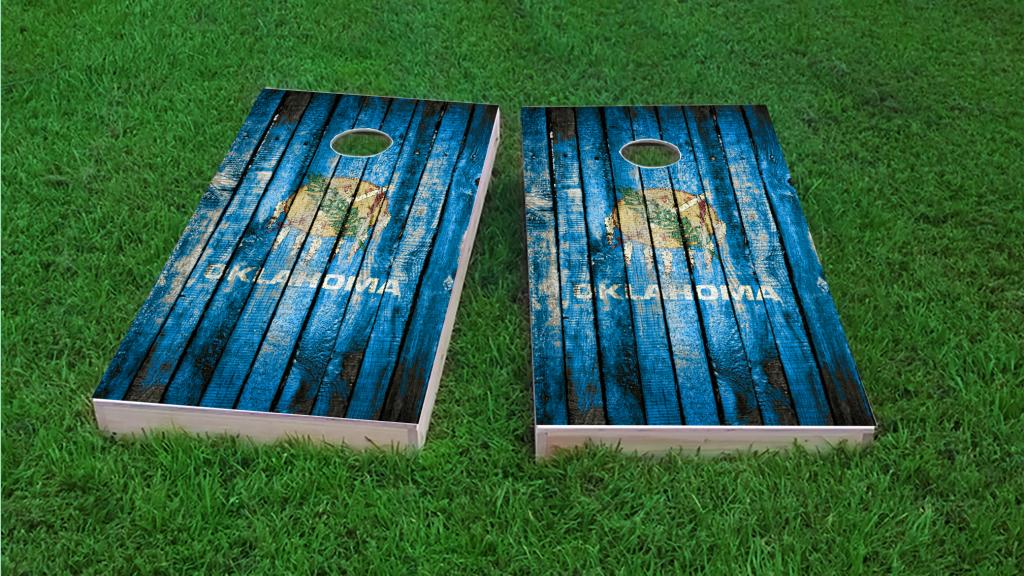 Distressed Wood Flag (Oklahoma) Themed Custom Cornhole Board Design