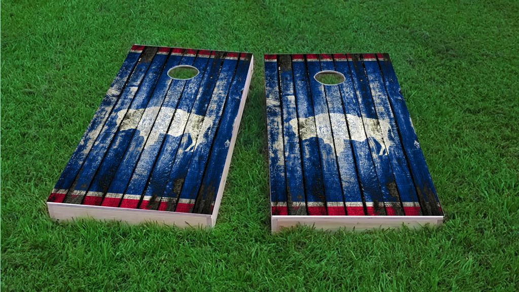 Distressed Wood Flag (Wyoming) Themed Custom Cornhole Board Design