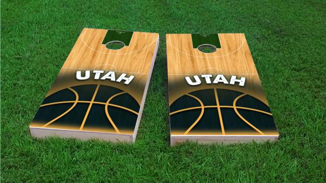 Basketball Utah Themed Custom Cornhole Board Design