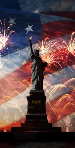 American Flag, Fireworks & Lady Liberty Themed Custom Cornhole Board Design