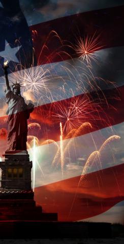 Patriotic Statue of Liberty with Fireworks Themed Custom Cornhole Board Design