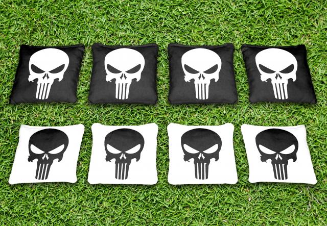 Black And White Punisher Themed premium specialty custom cornhole bags made right here in the USA!