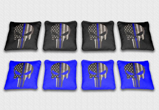 Blue Line Punisher Themed premium specialty custom cornhole bags made right here in the USA!