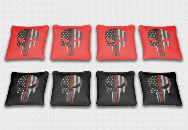 Red Line Punisher Themed premium specialty custom cornhole bags made right here in the USA!