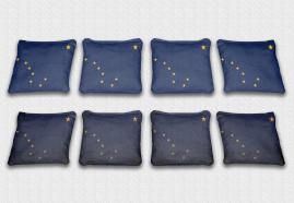 Alaska State Flag Set themed specialty custom cornhole bags featuring a standard and worn / distressed flag.