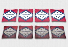 Arkansas State Flag Set themed specialty custom cornhole bags featuring a standard and worn / distressed flag.