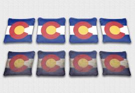 Colorado State Flag Set themed specialty custom cornhole bags featuring a standard and worn / distressed flag.