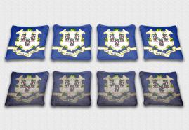 Connecticut State Flag Set themed specialty custom cornhole bags featuring a standard and worn / distressed flag.