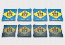Delaware State Flag Set themed specialty custom cornhole bags featuring a standard and worn / distressed flag.