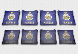 Kansas State Flag Set themed specialty custom cornhole bags featuring a standard and worn / distressed flag.