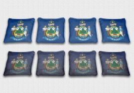 Maine State Flag Set themed specialty custom cornhole bags featuring a standard and worn / distressed flag.