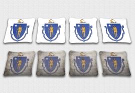 Massachusetts State Flag Set themed specialty custom cornhole bags featuring a standard and worn / distressed flag.