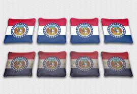 Missouri State Flag Set themed specialty custom cornhole bags featuring a standard and worn / distressed flag.