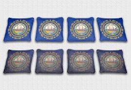 New Hampshire State Flag Set themed specialty custom cornhole bags featuring a standard and worn / distressed flag.