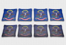 North Dakota State Flag Set themed specialty custom cornhole bags featuring a standard and worn / distressed flag.