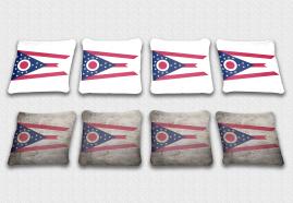 Ohio State Flag Set themed specialty custom cornhole bags featuring a standard and worn / distressed flag.