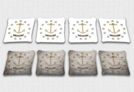 Rhode Island State Flag Set themed specialty custom cornhole bags featuring a standard and worn / distressed flag.