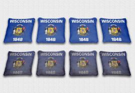 Wisconsin State Flag Set themed specialty custom cornhole bags featuring a standard and worn / distressed flag.
