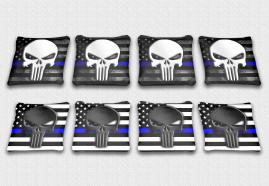 Punisher Thin Blue Line Themed Custom Printed Specialty Cornhole Bags.
